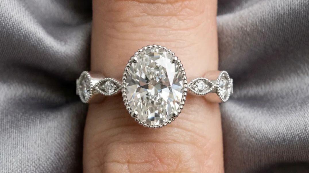 ⁣oval cut diamond vintage milgrain ring