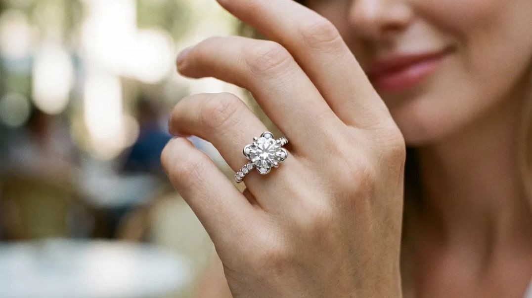 ⁣White gold Round Cut Diamond Ring with Pavé Band and Floral Prong Setting